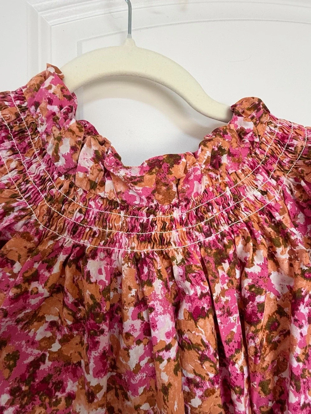 J. Crew Pink and Orange Floral Smocked Neck Blouse